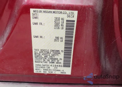 2014 Nissan Altima 2.5 S from USA, damaged, VIN 1N4AL3AP2EC419486